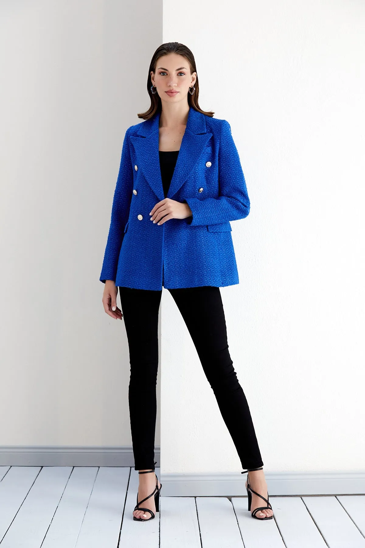 Blue Tweed Double Breasted Blazer