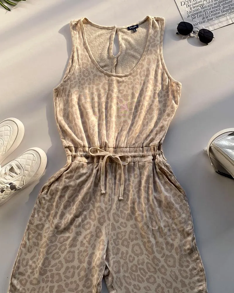 Camouflage Print Sleeveless Drawstring Jumpsuit