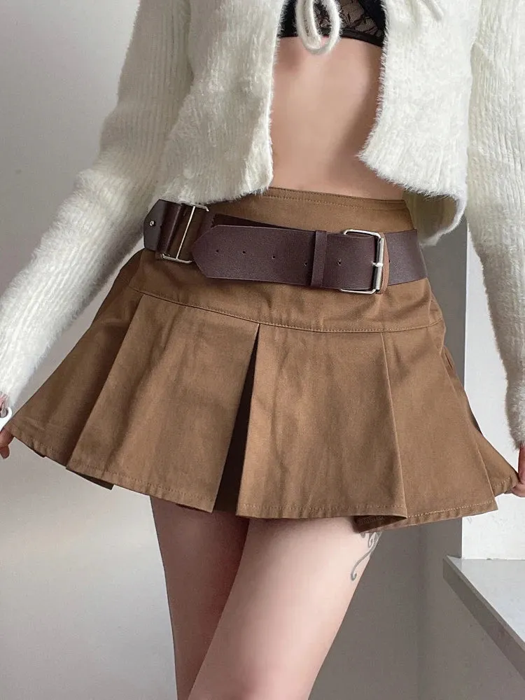 Casual Brown Pleated Mini Skirt Ladies High Waisted Short Skirts Womens with Belt Korean Fashion 90s Summer Street