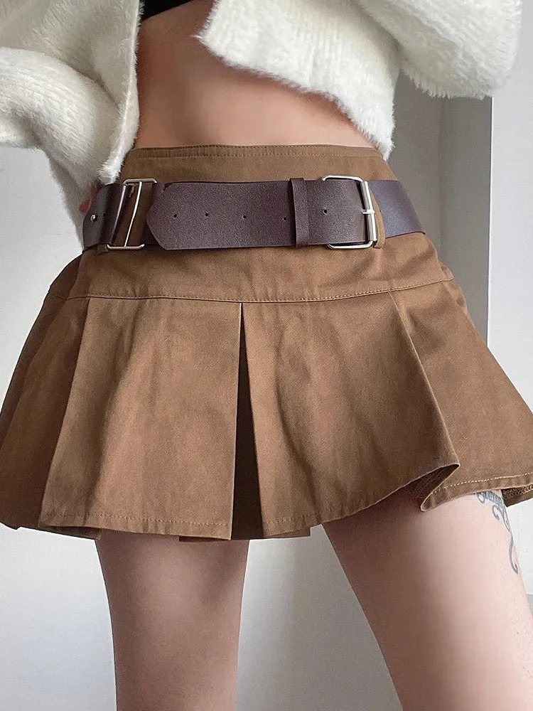 Casual Brown Pleated Mini Skirt Ladies High Waisted Short Skirts Womens with Belt Korean Fashion 90s Summer Street