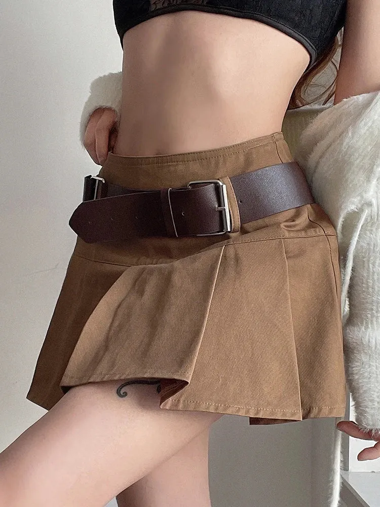 Casual Brown Pleated Mini Skirt Ladies High Waisted Short Skirts Womens with Belt Korean Fashion 90s Summer Street