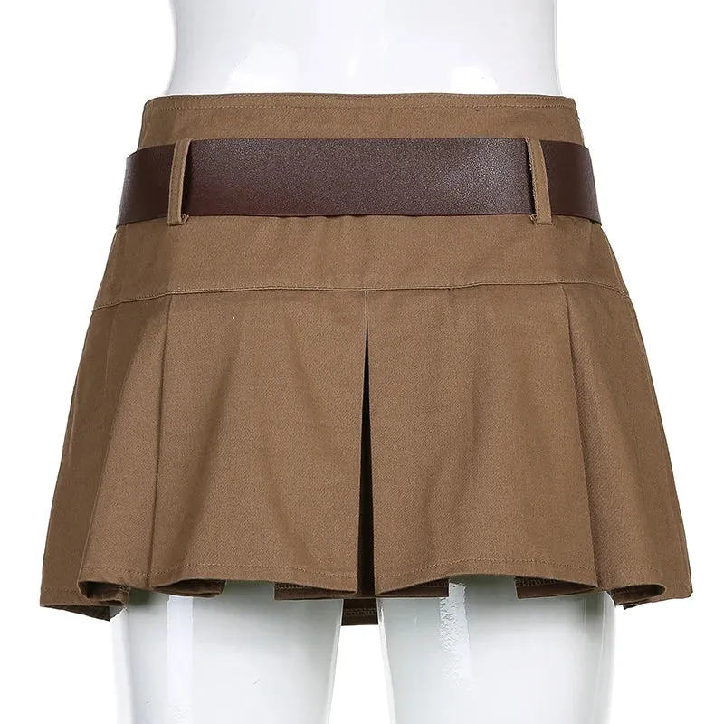 Casual Brown Pleated Mini Skirt Ladies High Waisted Short Skirts Womens with Belt Korean Fashion 90s Summer Street