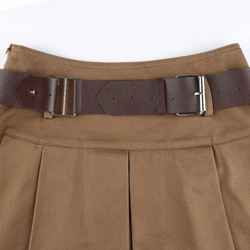 Casual Brown Pleated Mini Skirt Ladies High Waisted Short Skirts Womens with Belt Korean Fashion 90s Summer Street