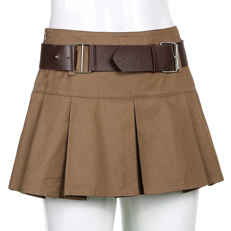 Casual Brown Pleated Mini Skirt Ladies High Waisted Short Skirts Womens with Belt Korean Fashion 90s Summer Street