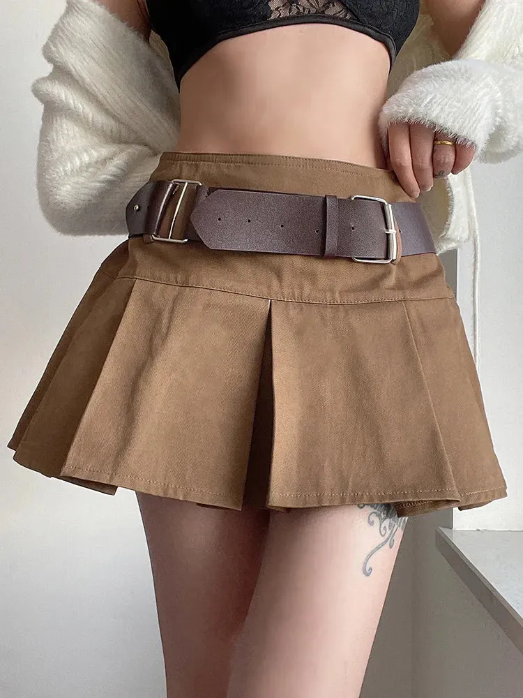 Casual Brown Pleated Mini Skirt Ladies High Waisted Short Skirts Womens with Belt Korean Fashion 90s Summer Street