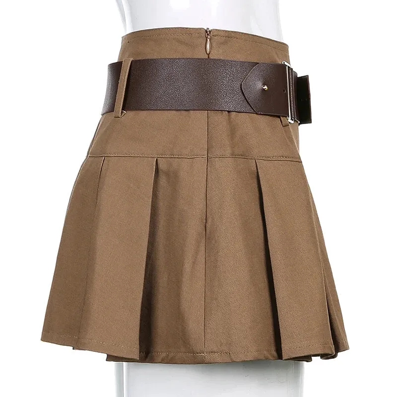 Casual Brown Pleated Mini Skirt Ladies High Waisted Short Skirts Womens with Belt Korean Fashion 90s Summer Street