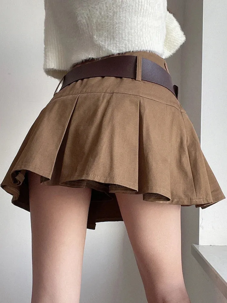 Casual Brown Pleated Mini Skirt Ladies High Waisted Short Skirts Womens with Belt Korean Fashion 90s Summer Street