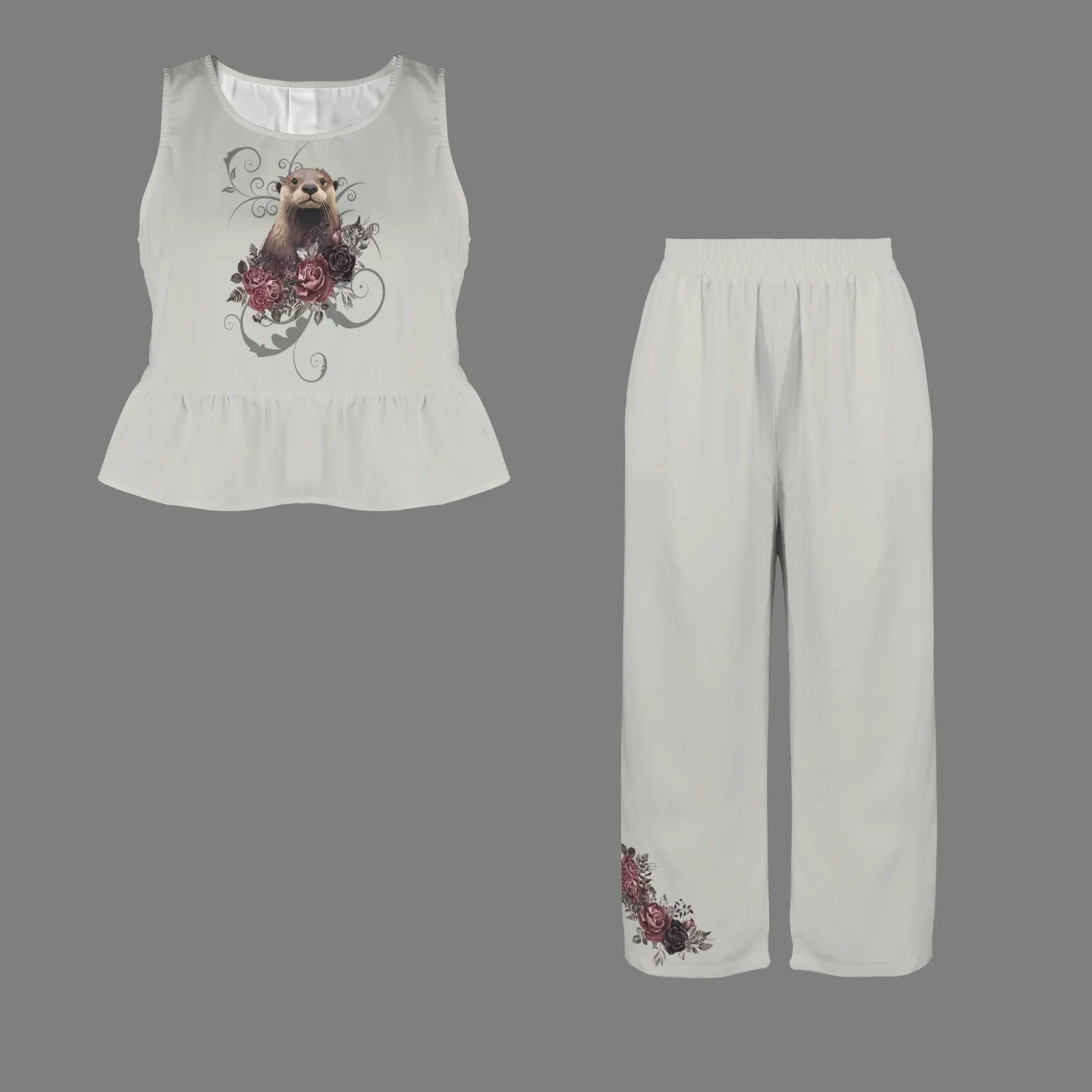 Casual Otter Roses Two Piece Set, Round neck crop top and high waist wide leg pants