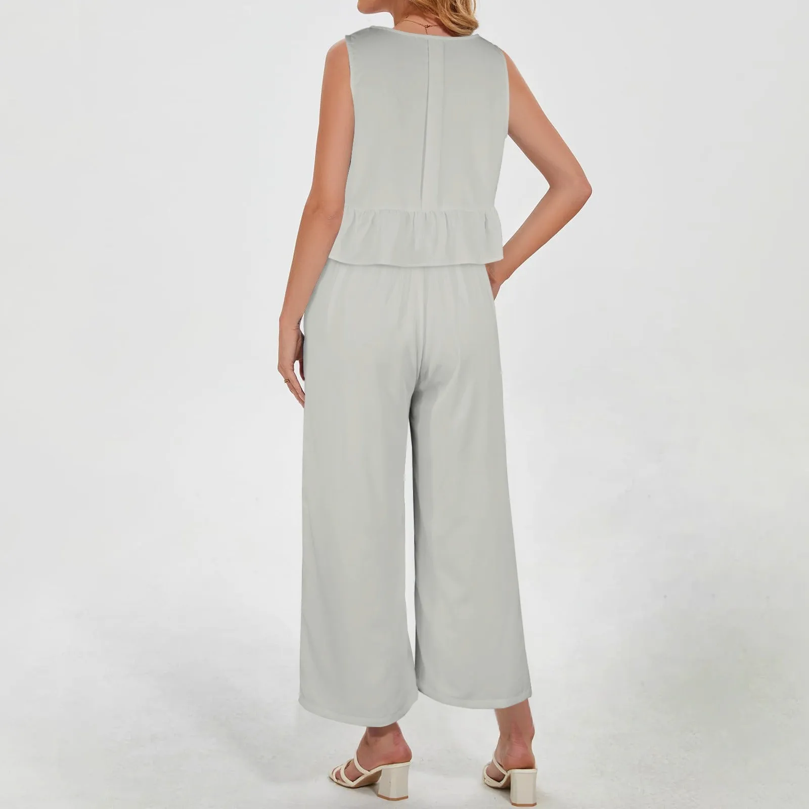 Casual Otter Roses Two Piece Set, Round neck crop top and high waist wide leg pants