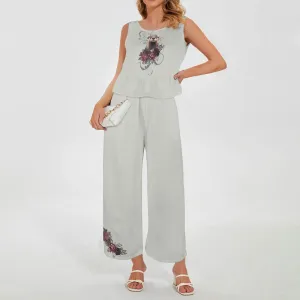 Casual Otter Roses Two Piece Set, Round neck crop top and high waist wide leg pants