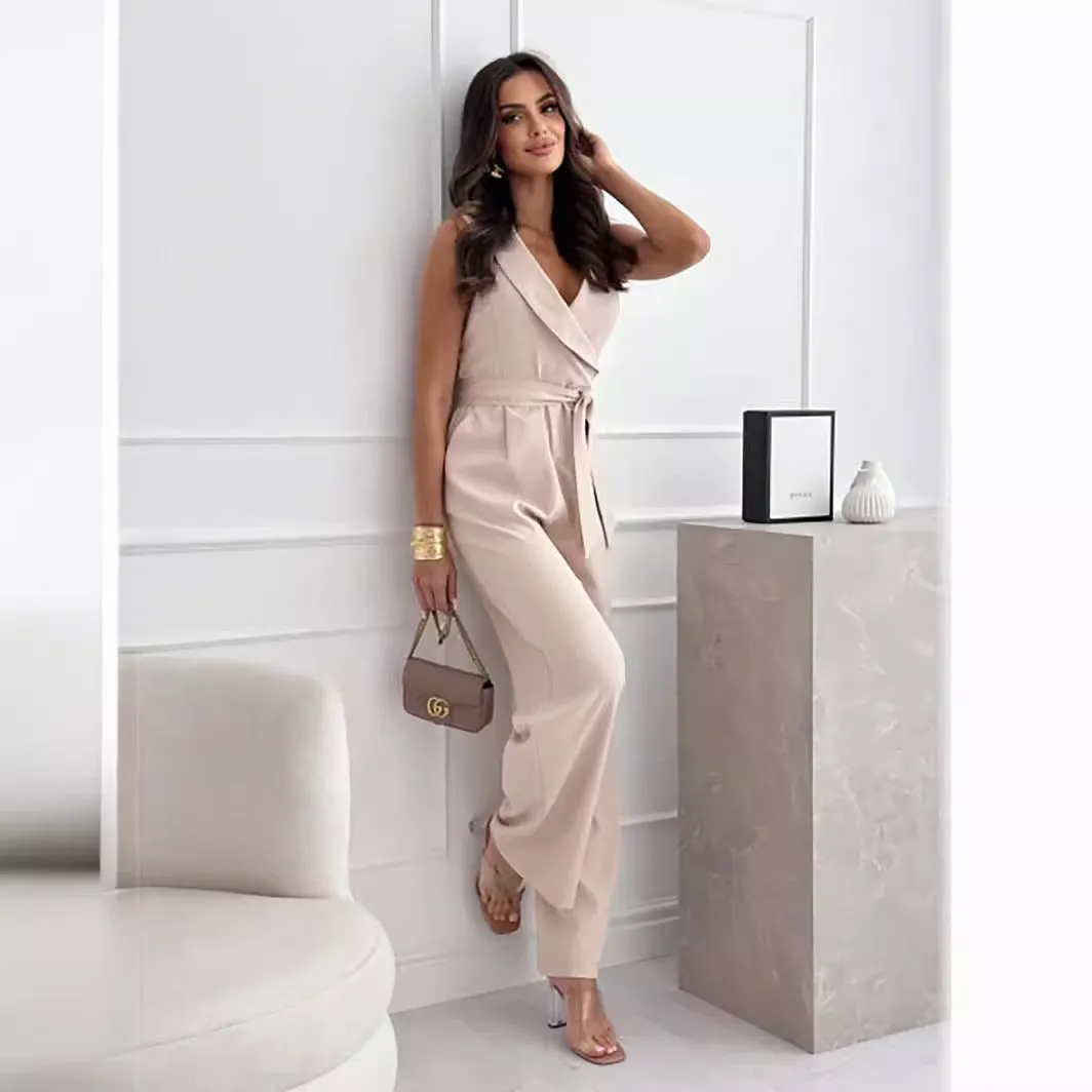 Casual Solid Color V-Neck Sleeveless Jumpsuits Wholesale Womens Clothing N3824052000037