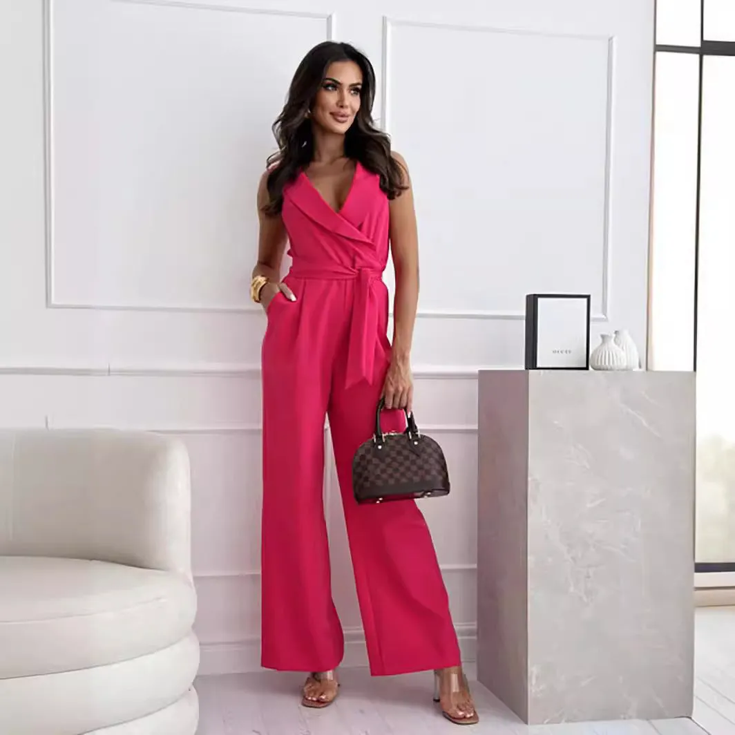 Casual Solid Color V-Neck Sleeveless Jumpsuits Wholesale Womens Clothing N3824052000037