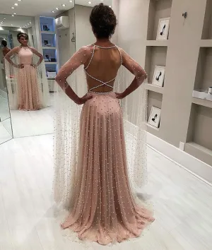 Champagne tulle beads long prom dress, champagne evening dress
