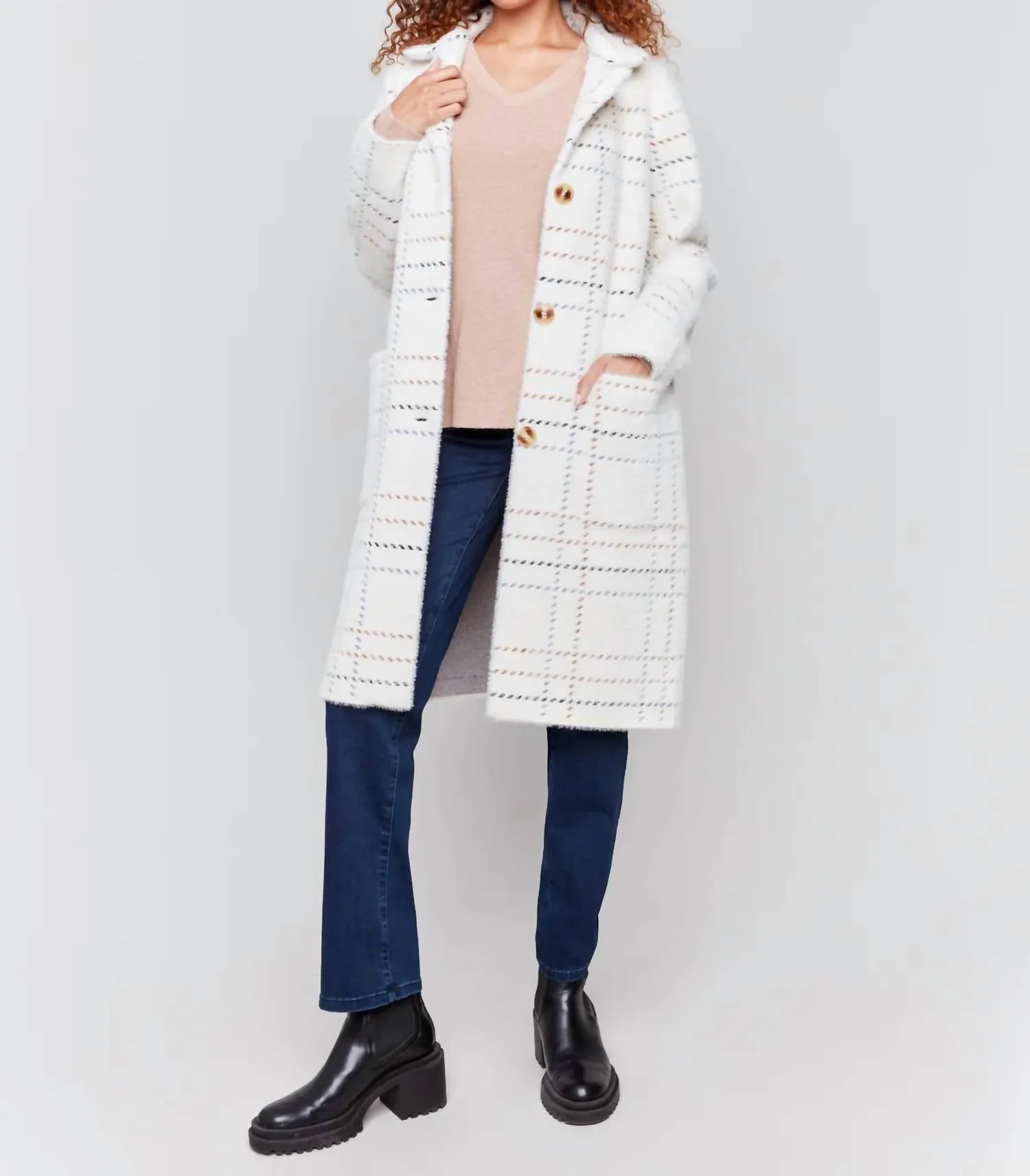 Charlie B - Plaid Knit Coatigan With Patch Pocket