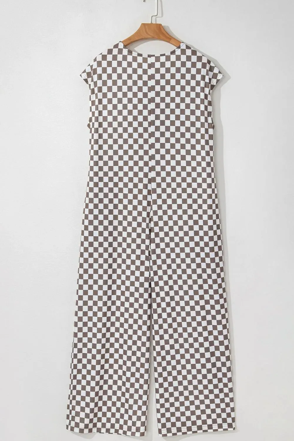 Checkered Print Crew Neck Wide Leg Jumpsuit