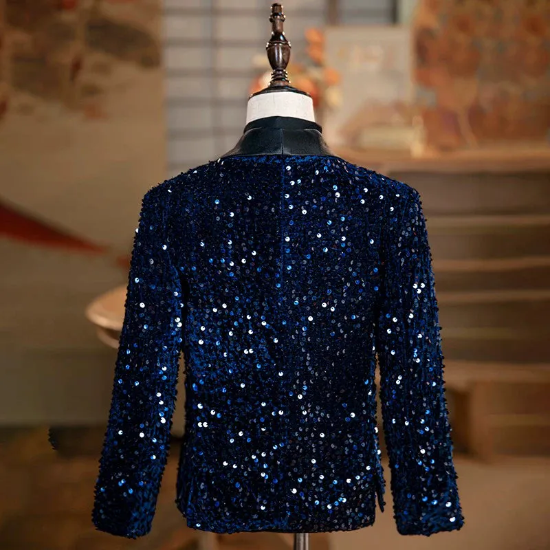 Children's Boys Dark Sequined Jazz Dance Blazers Coats Singers Choir Pianist Host Jackets Wedding Birthday Party Flower Boys Stage Show Coats