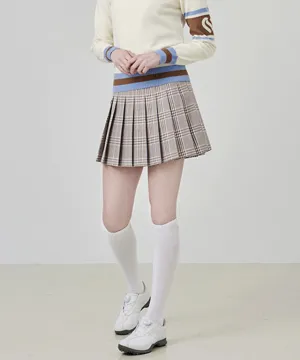 CHUCUCHU Check Pleated Skirt - Beige