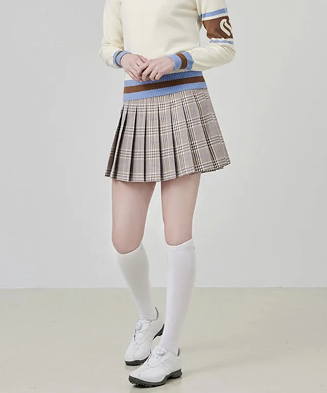 CHUCUCHU Check Pleated Skirt - Beige