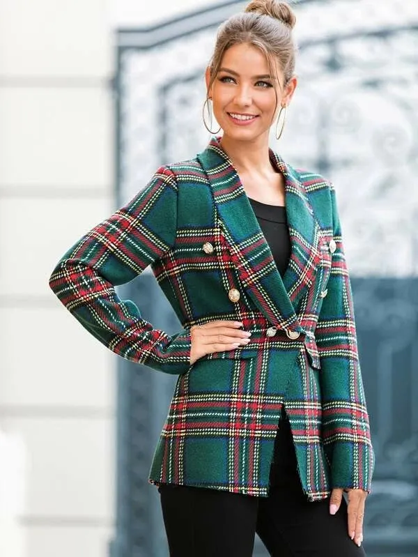 CM-CS022544 Women Elegant European Style Long Sleeve Tweed Shawl Collar Tartan Blazer - Green