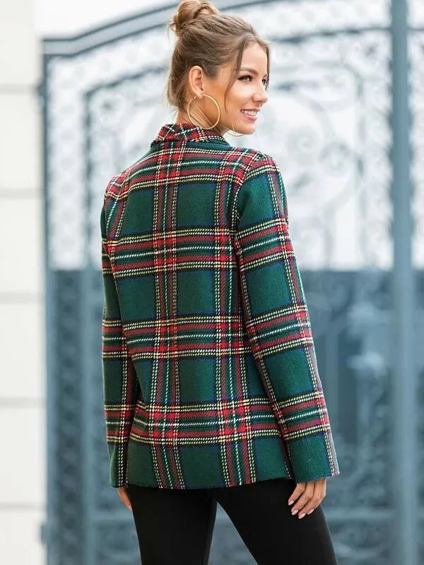 CM-CS022544 Women Elegant European Style Long Sleeve Tweed Shawl Collar Tartan Blazer - Green
