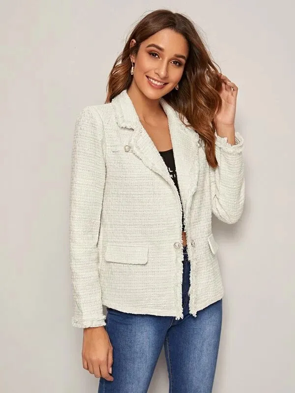 CM-CS107833 Women Elegant Seoul Style Notched Collar Raw Edge Pearl Button Tweed Blazer - White