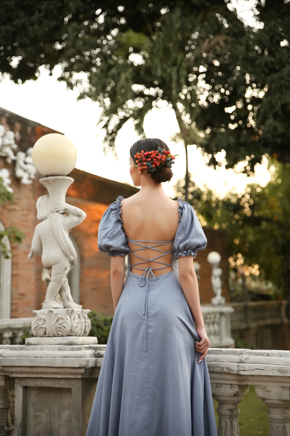 CONCEPCION Puff Sleeve Cross Tie Back Maxi Dress (Serenity Blue Linen)