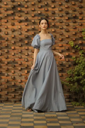 CONCEPCION Puff Sleeve Cross Tie Back Maxi Dress (Serenity Blue Linen)