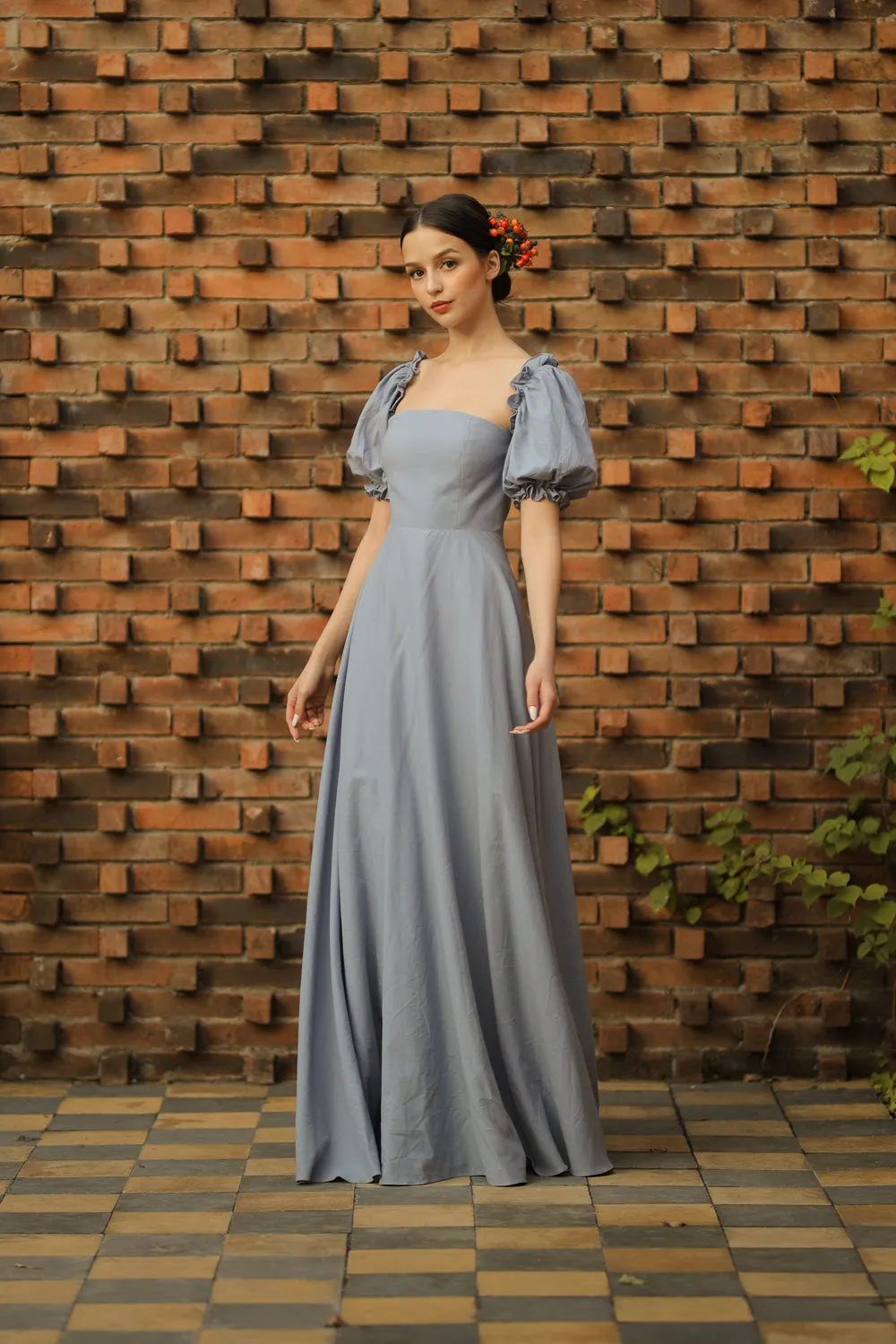 CONCEPCION Puff Sleeve Cross Tie Back Maxi Dress (Serenity Blue Linen)