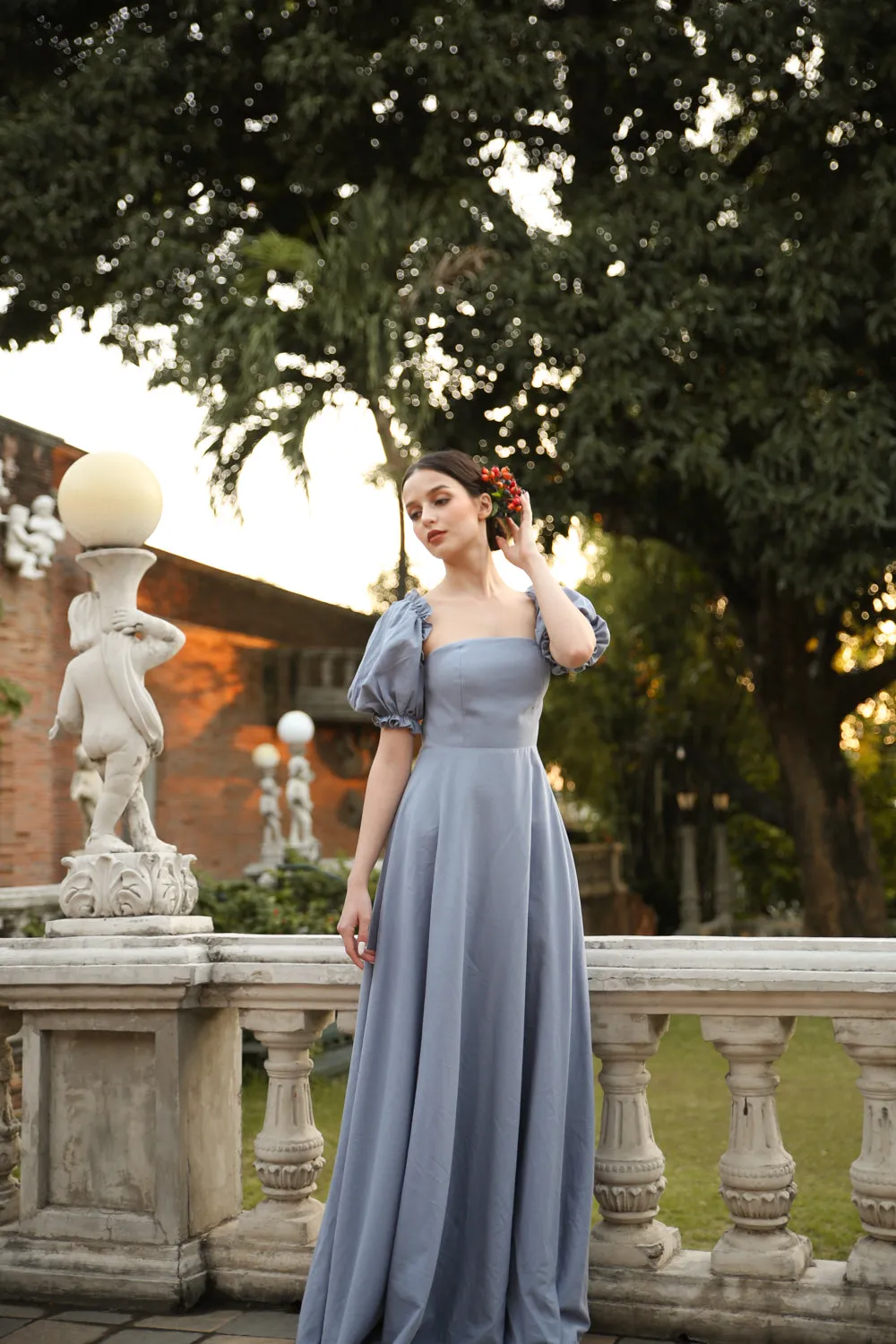 CONCEPCION Puff Sleeve Cross Tie Back Maxi Dress (Serenity Blue Linen)