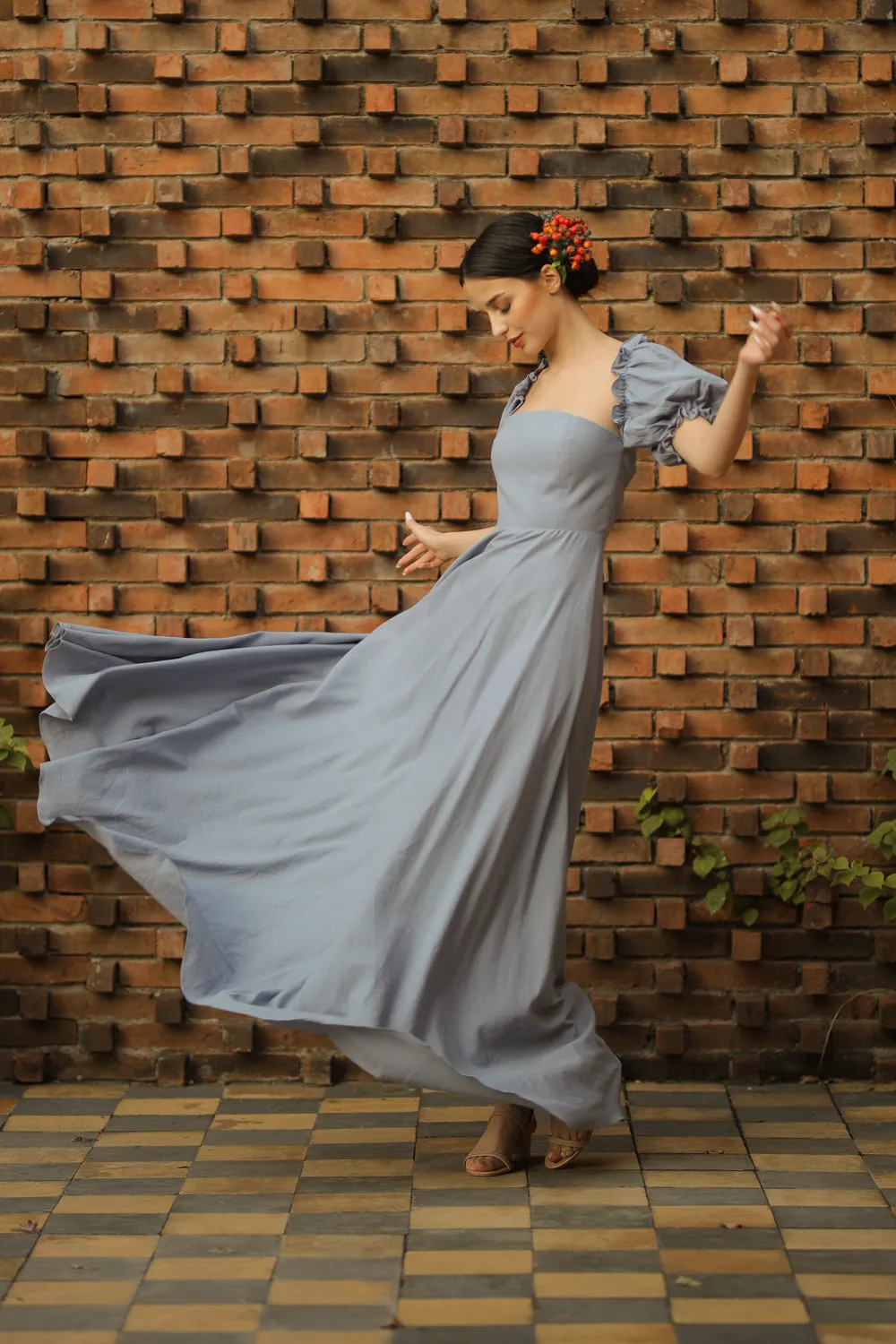 CONCEPCION Puff Sleeve Cross Tie Back Maxi Dress (Serenity Blue Linen)