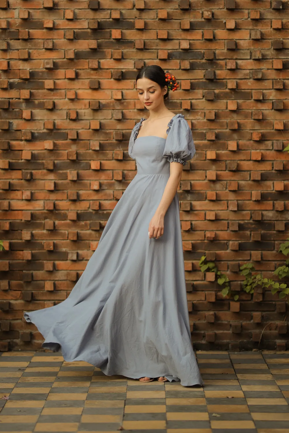 CONCEPCION Puff Sleeve Cross Tie Back Maxi Dress (Serenity Blue Linen)