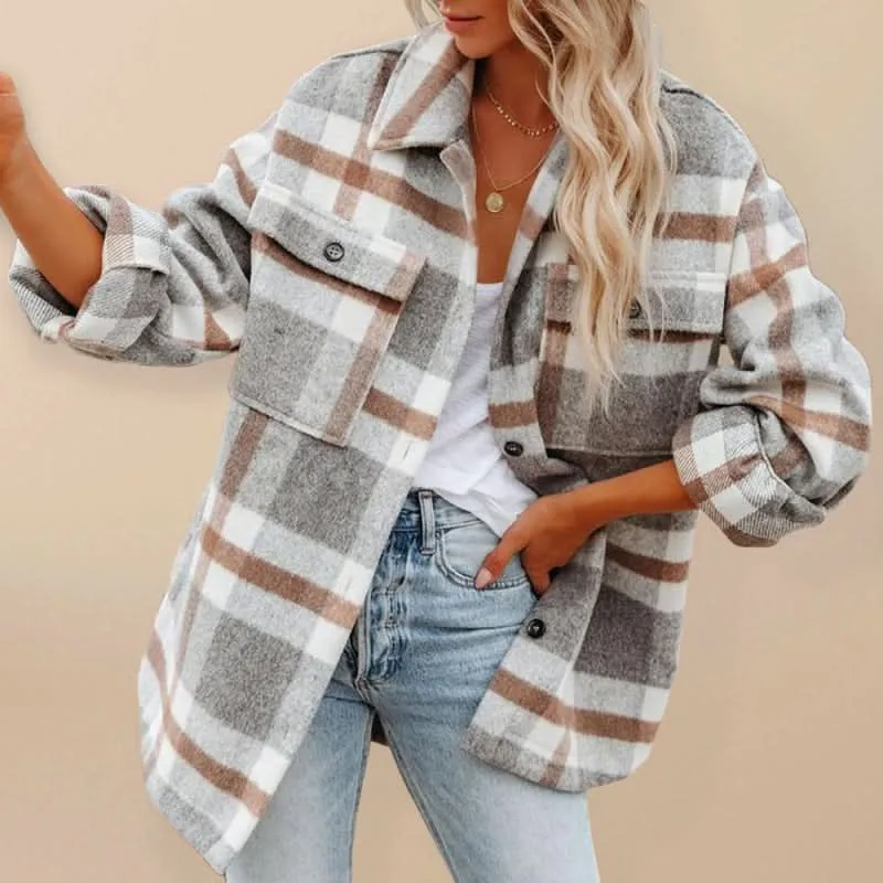 Cozy checked oversized jacket - autumn classic in lightweight fabric for women