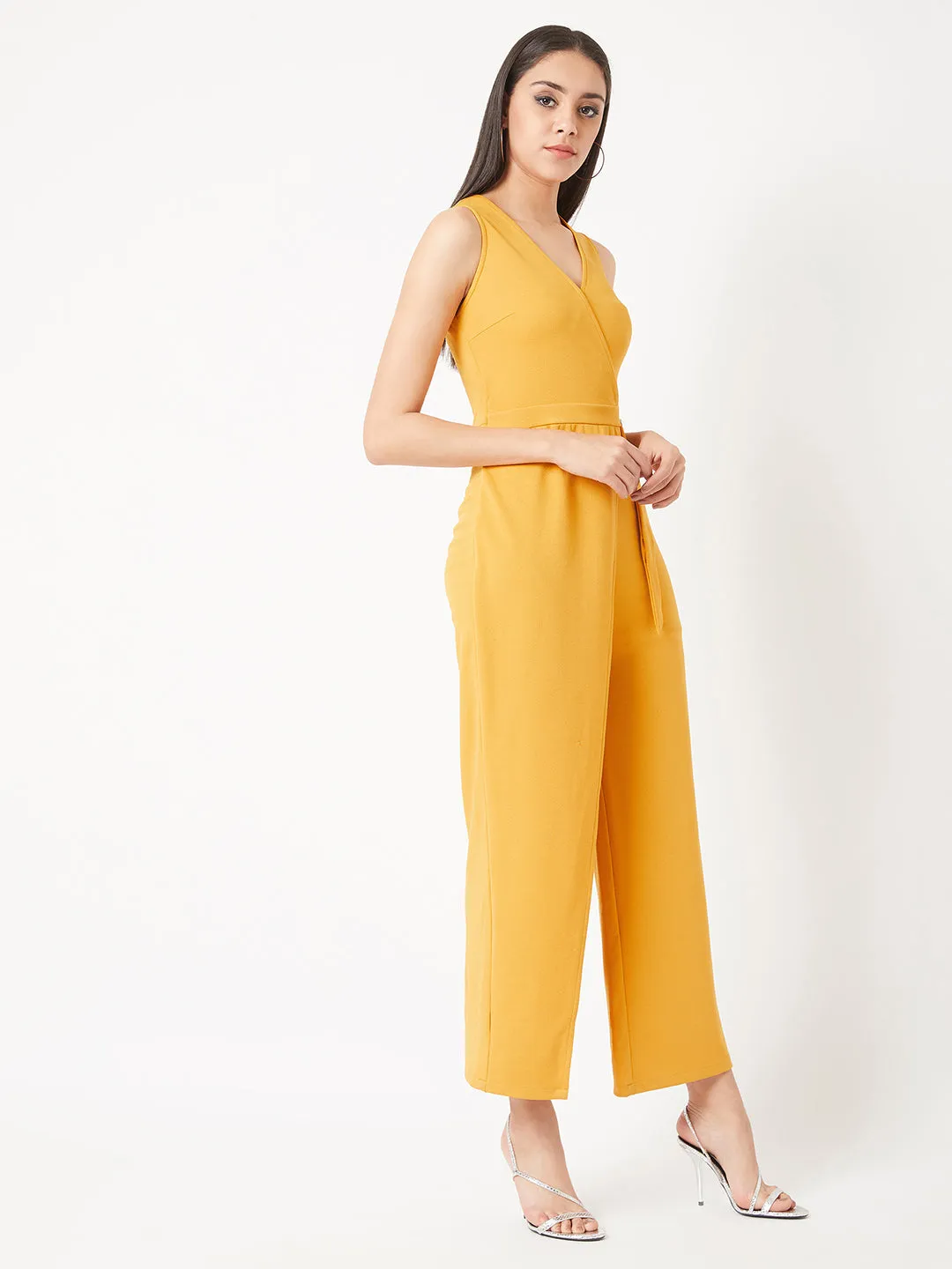 Crease Ease Women's Mustard Yellow V-Neck Sleeveless Solid Wrap Regular Length Jumpsuit