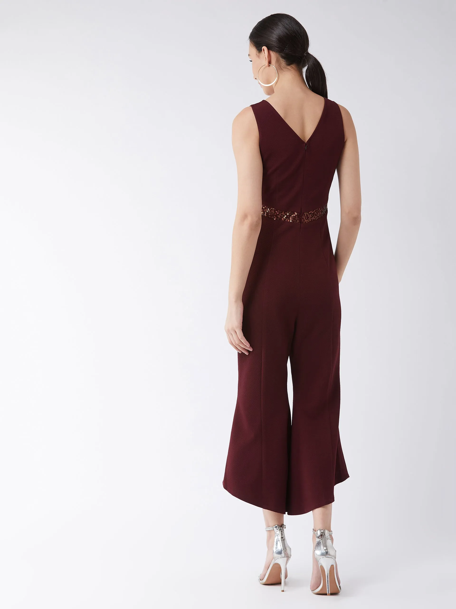 Crease Ease Women's Wine Solid Slim Fit Round Neck Sleeveless Regular Length Bell Bottom Jumpsuit