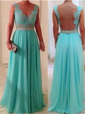 Custom Made A Line Backless Long Blue Lace Prom Dress, Lace Bridesmaid Dress, Blue Lace Formal Dress