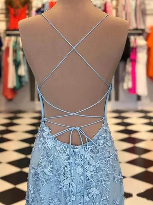 Cute Spaghetti Straps Sky Blue Mermaid Backless Scoop Pageant Prom Dresses,MP480
