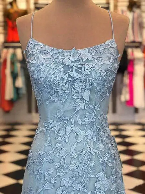Cute Spaghetti Straps Sky Blue Mermaid Backless Scoop Pageant Prom Dresses,MP480
