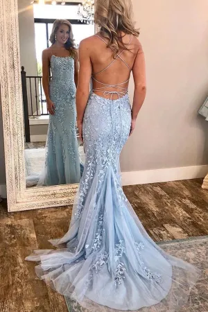 Cute Spaghetti Straps Sky Blue Mermaid Backless Scoop Pageant Prom Dresses,MP480