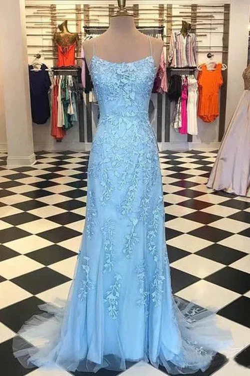 Cute Spaghetti Straps Sky Blue Mermaid Backless Scoop Pageant Prom Dresses,MP480