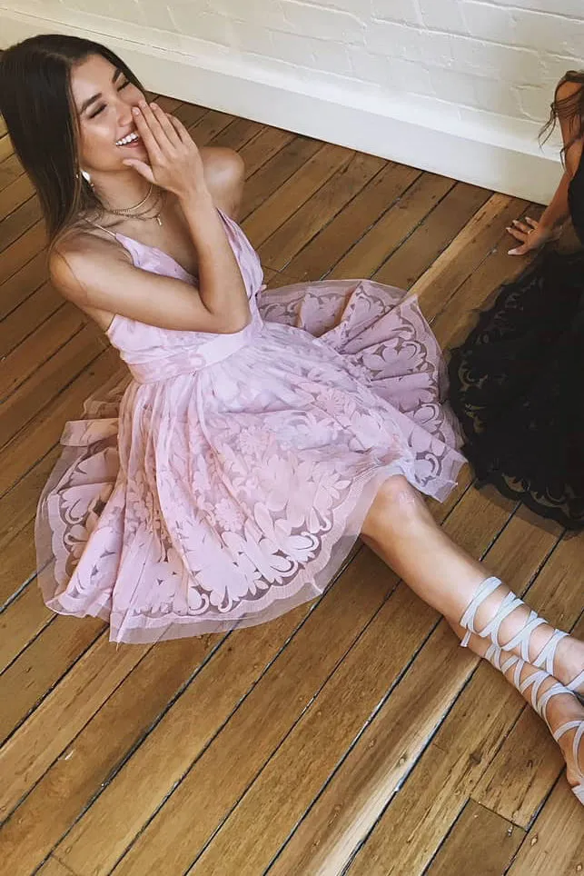 Cute Straps Pink Lace Homecoming Dress
