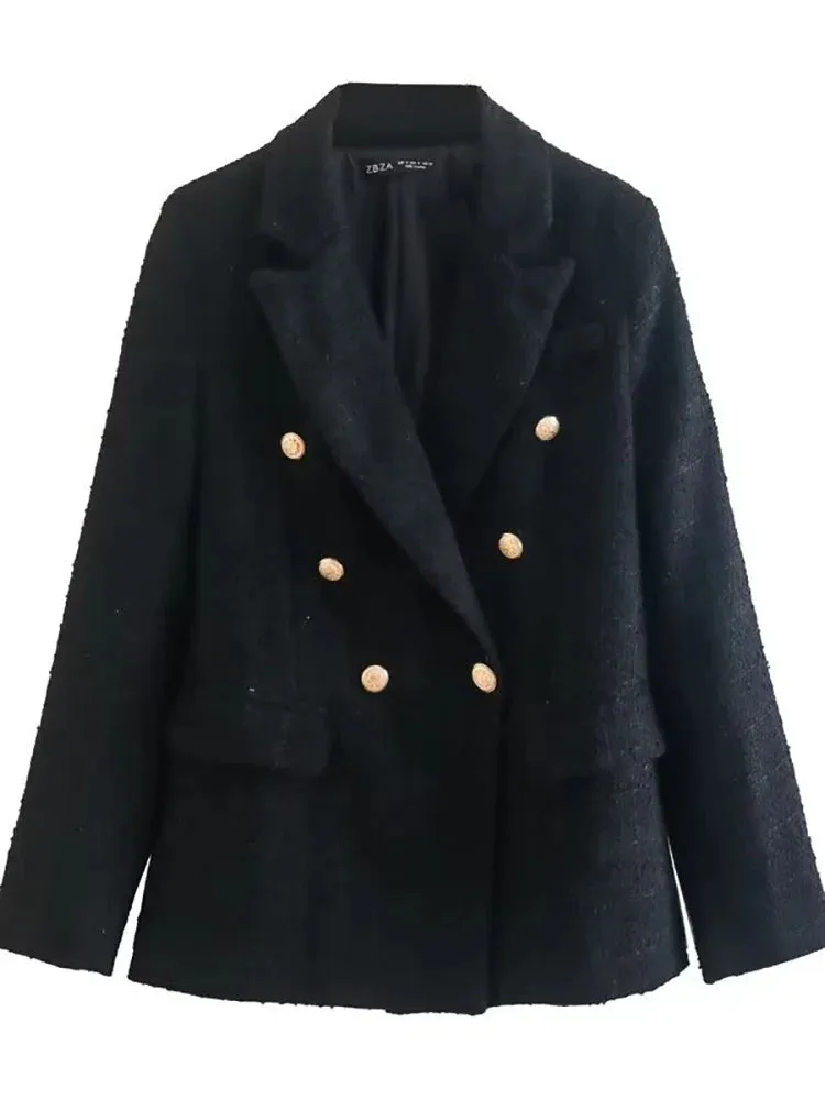 Double Breasted Buttons Tweed Blazer