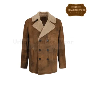 Double Breasted Jacket Shearling Leather Pea Coat