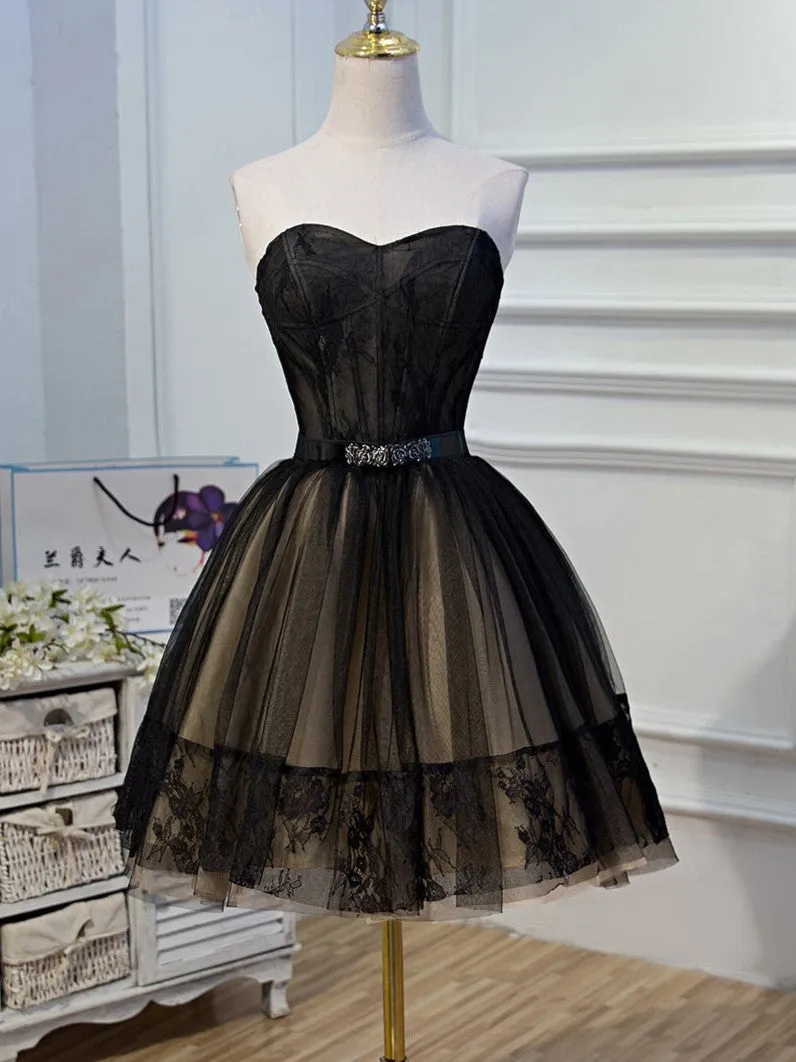 Elegant Black Strapless Lace Up Ball Gown Tulle Homecoming Dresses