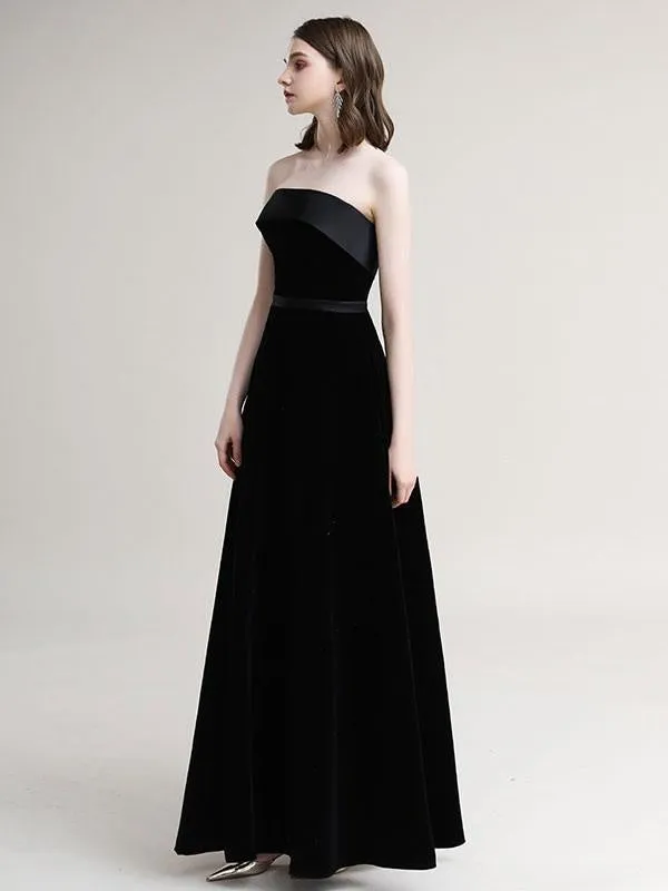 Evening Dress A-Line Strapless Velour Floor-Length Sash Prom Dress