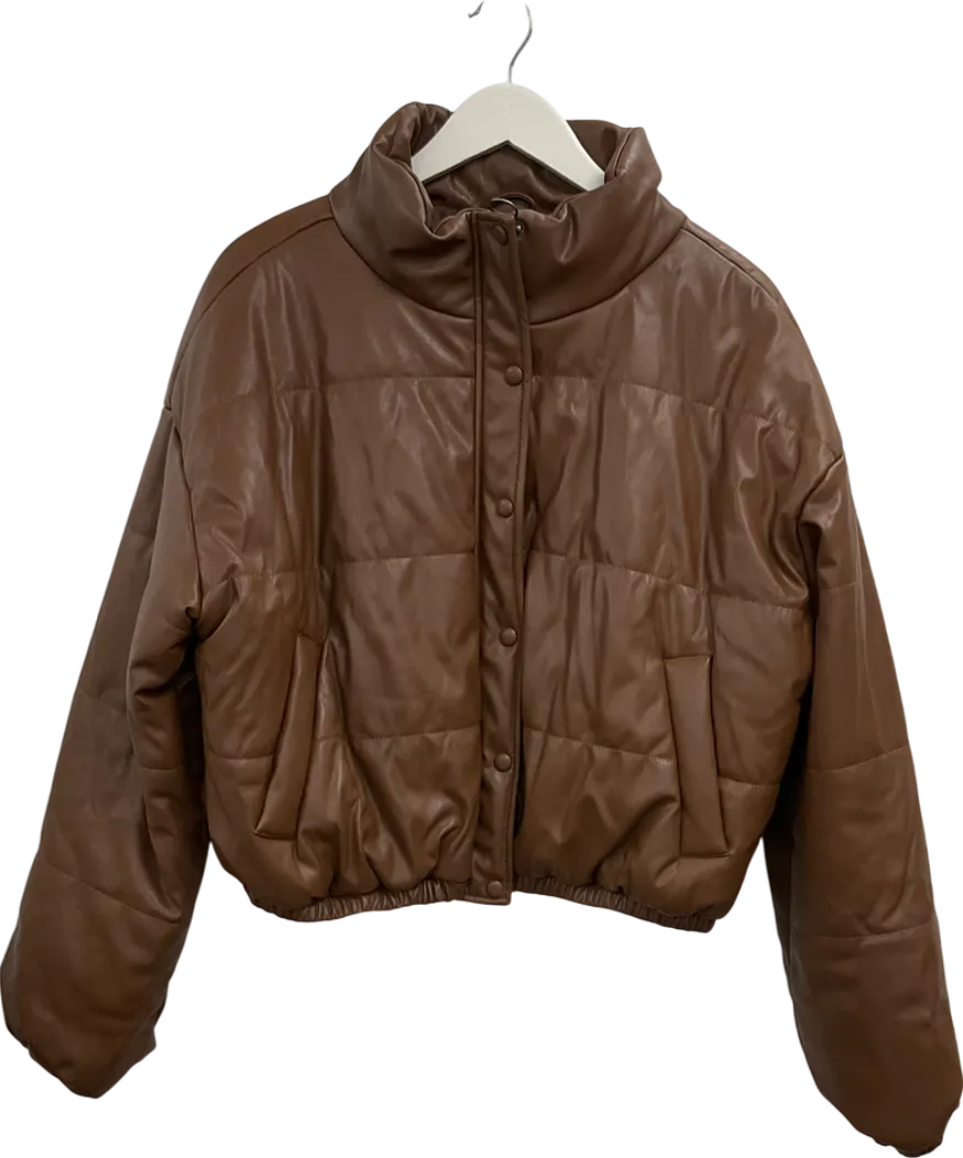 Fashion Nova Brown Faux Leather Puffer Jacket UK L
