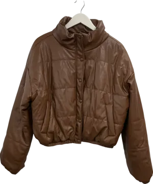 Fashion Nova Brown Faux Leather Puffer Jacket UK L