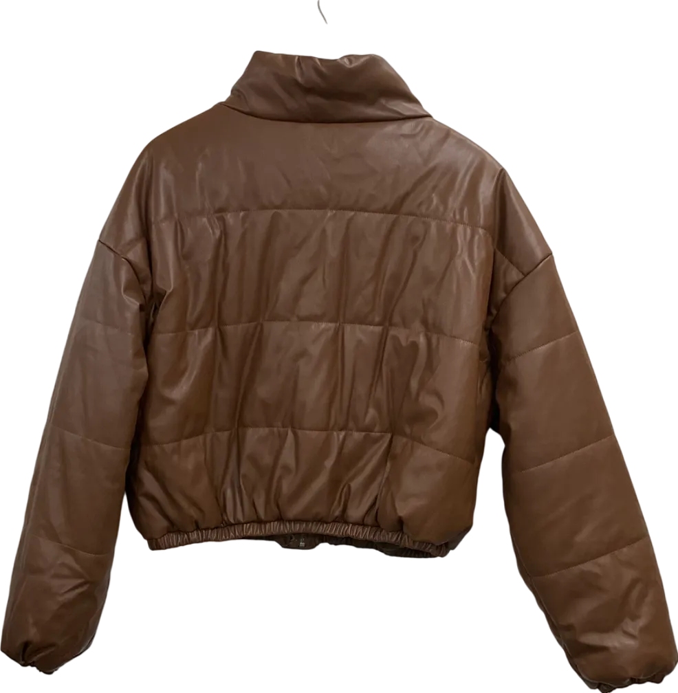 Fashion Nova Brown Faux Leather Puffer Jacket UK L