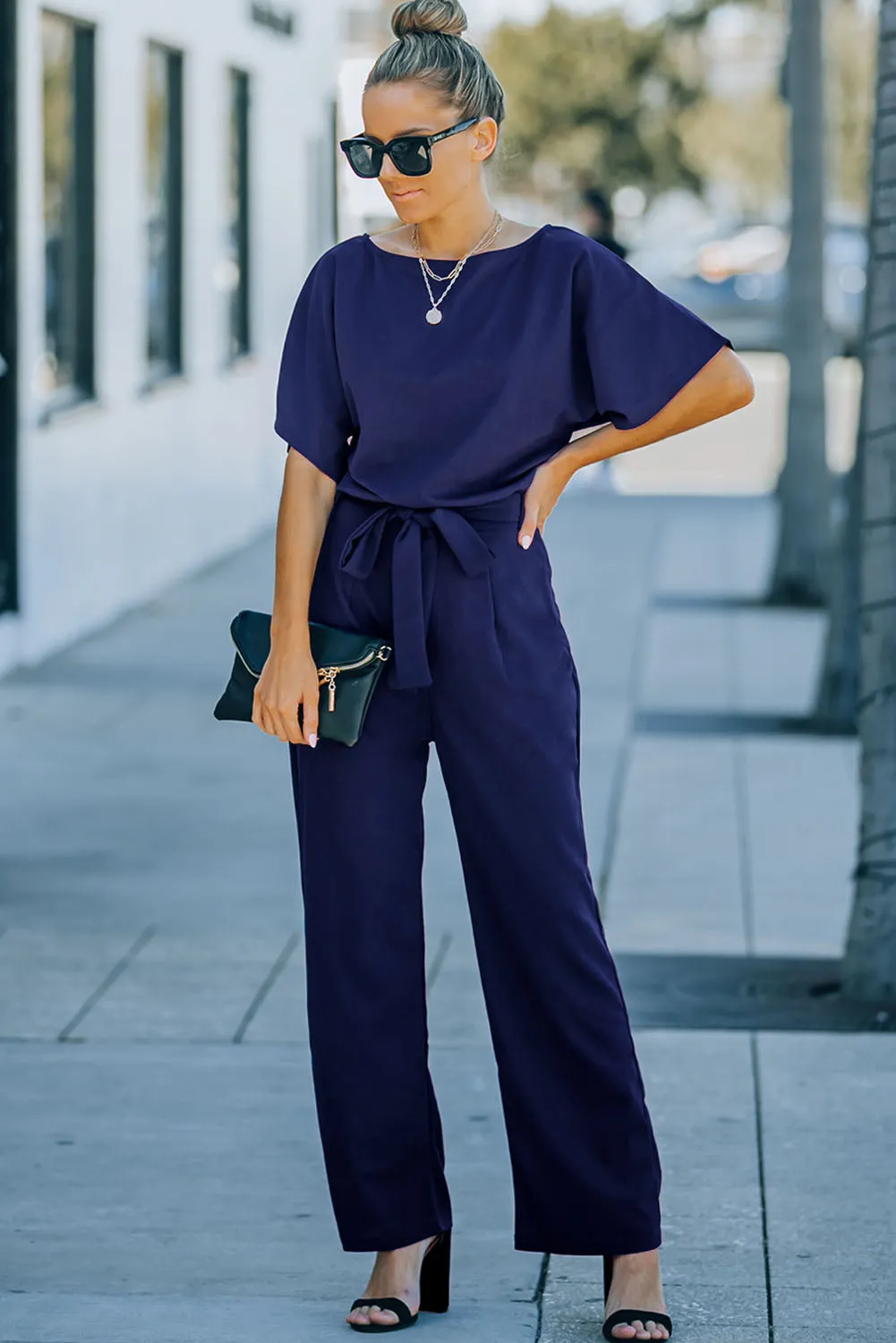 Fiery Red Belted Wide Leg Jumpsuit