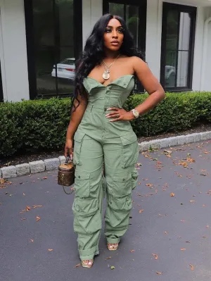 Front Ruched Cargo Jumpsuit