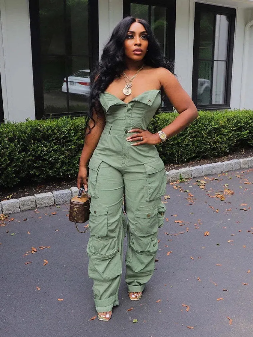 Front Ruched Cargo Jumpsuit